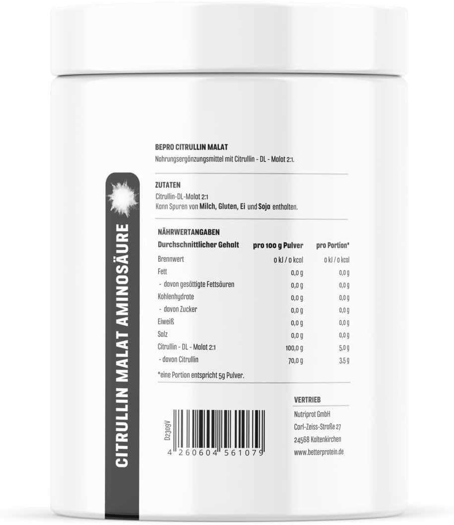 Weißer Behälter mit Text. Aufschrift: Citrullin Malat Aminosäure. Rückseite mit Nährwertangaben und Inhaltsstoffen. Marke: betterprotein.