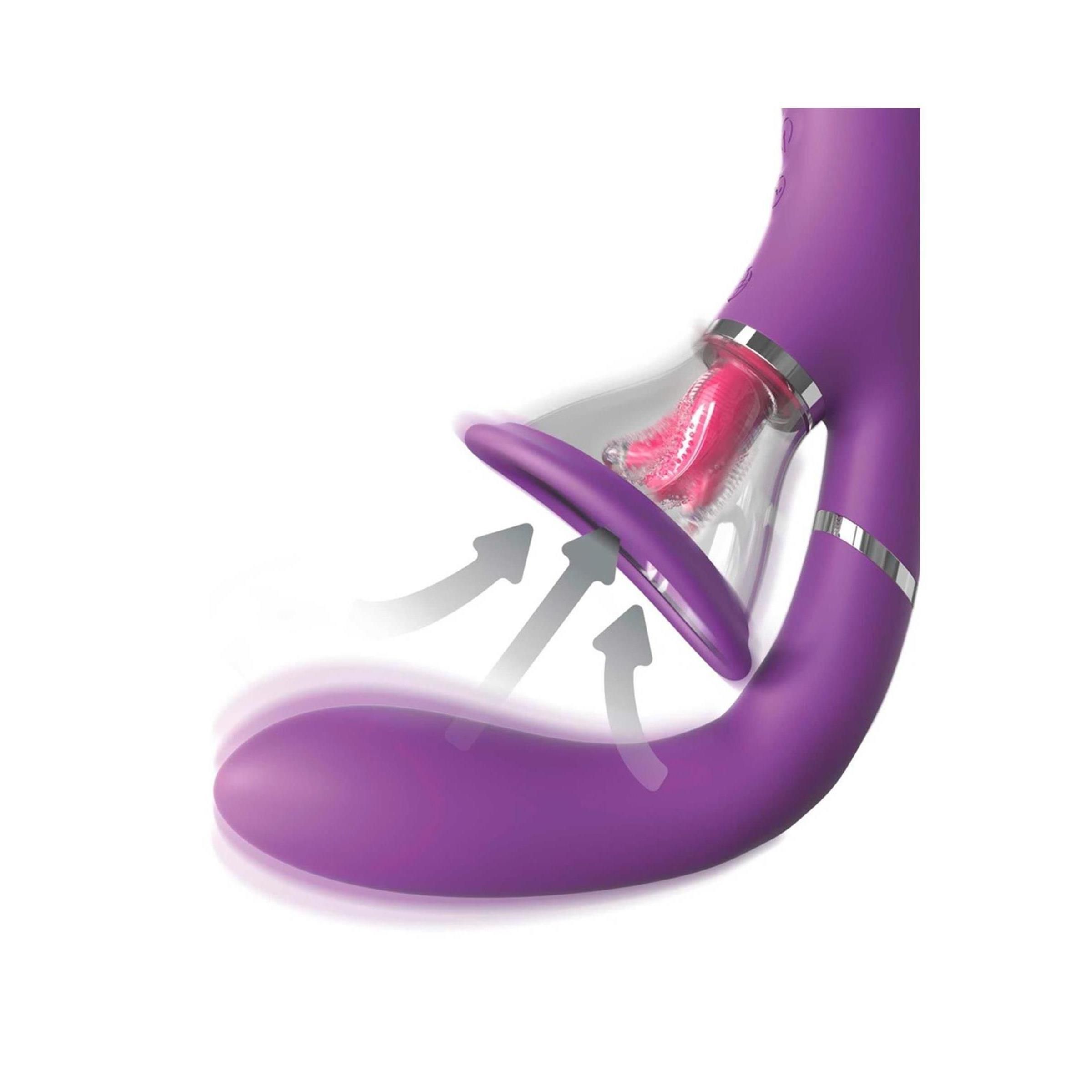 Lila Wellness-Produkt. Runde Öffnung, transparente Komponente mit rosa Element. Silberfarbene Akzente. Silikon.