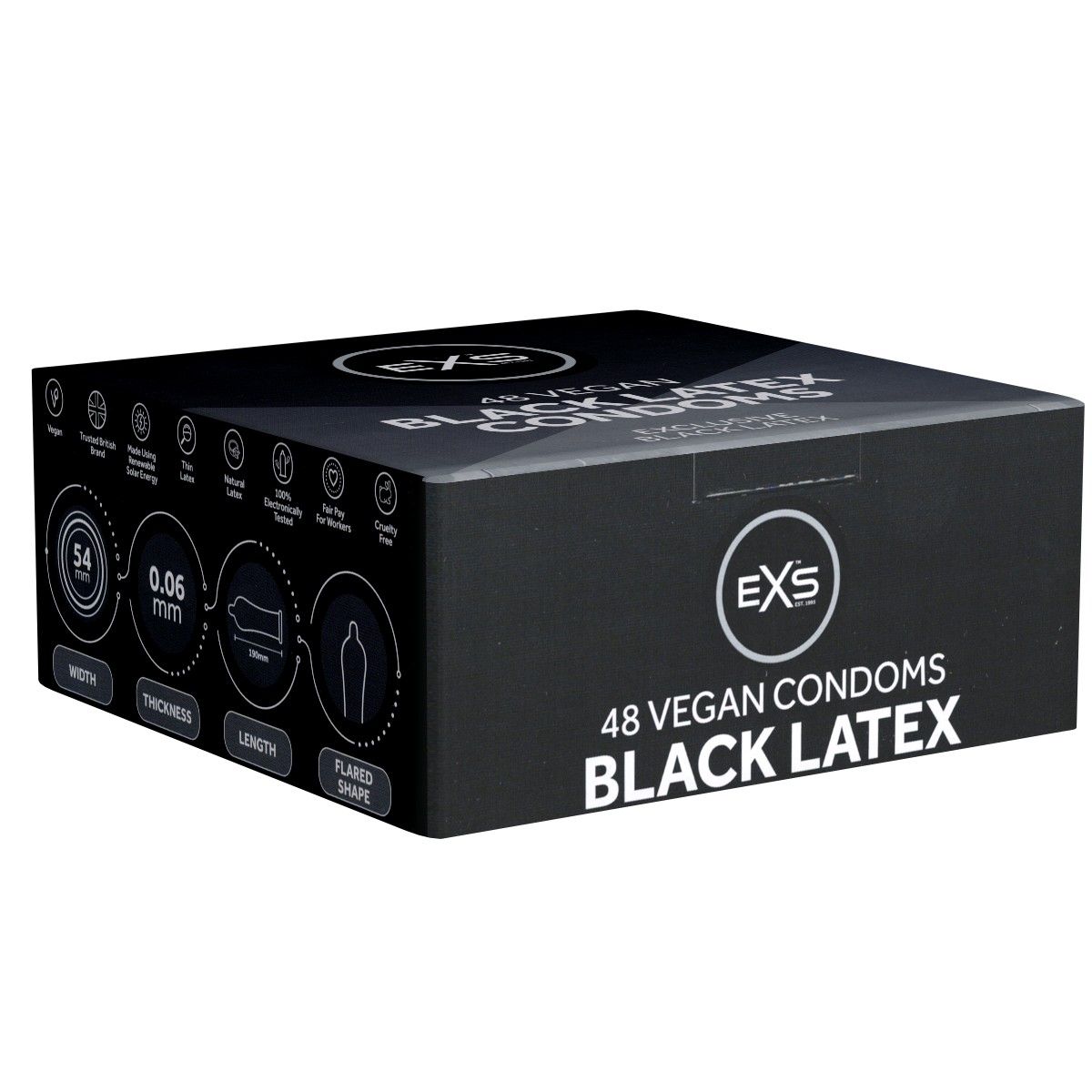 Schwarze Schachtel mit EXS-Kondomen. Aufschrift: 48 Vegan Condoms Black Latex. Details zu Breite, Dicke, Länge und Form.