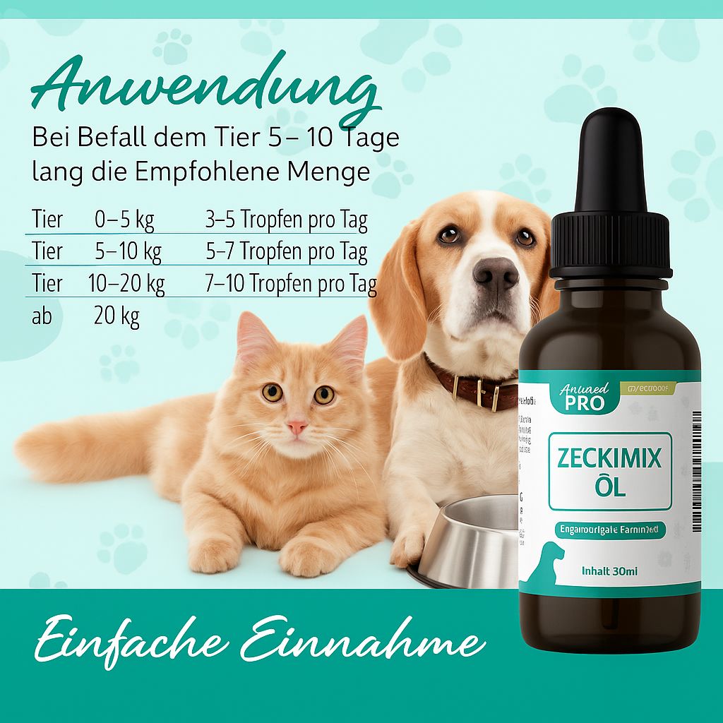 Braune Glasflasche mit schwarzem Tropfer. Etikett mit Produktnamen und Logo. Hund und Katze.