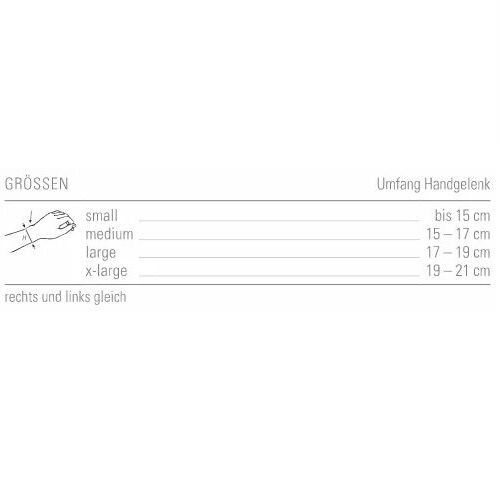 Größentabelle für Handgelenkbandagen. Größen: small, medium, large, x-large. Umfang Handgelenk in cm.