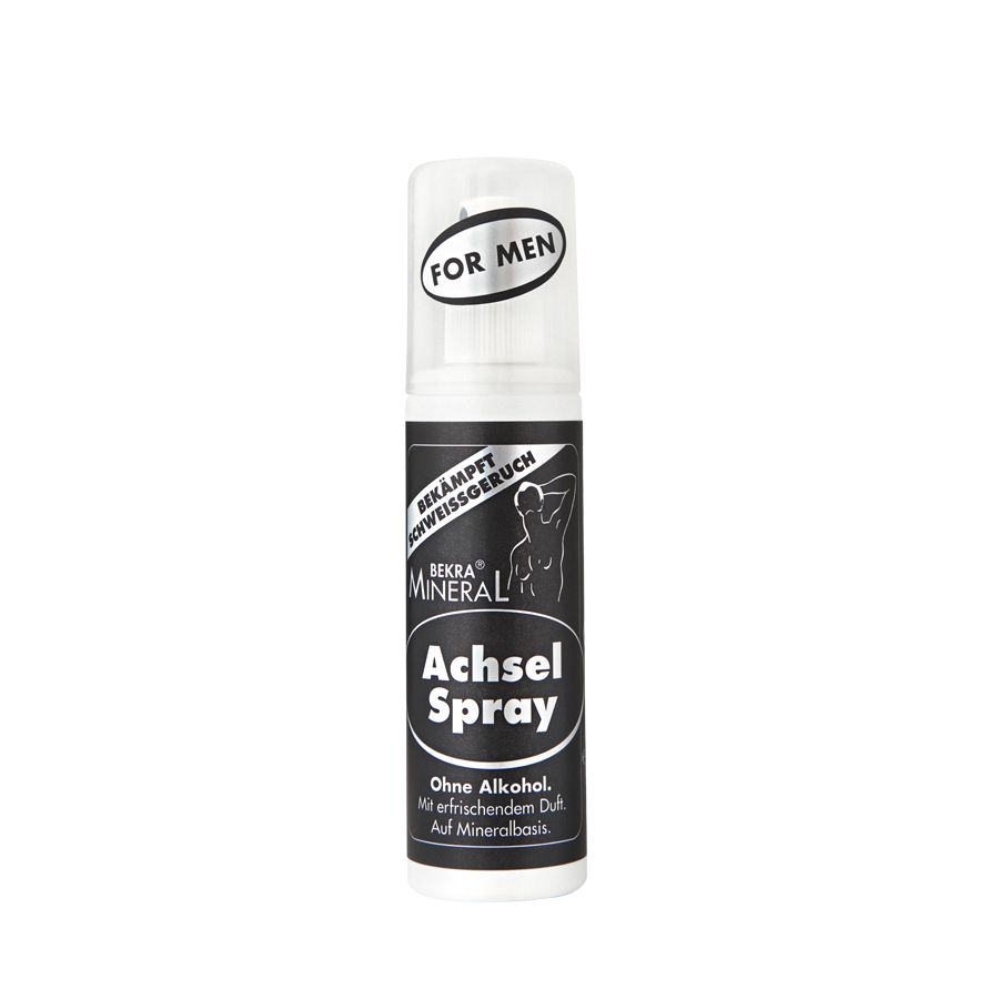 Weißes Achselspray mit schwarzem Etikett. Aufschrift: Bekra Mineral Achsel Spray. Zusatz: Ohne Alkohol, für Männer.