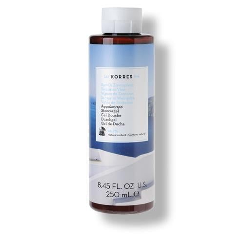 Flasche Duschgel, blau-weißes Etikett, KORRES-Logo, Produktname, Volumenangabe.