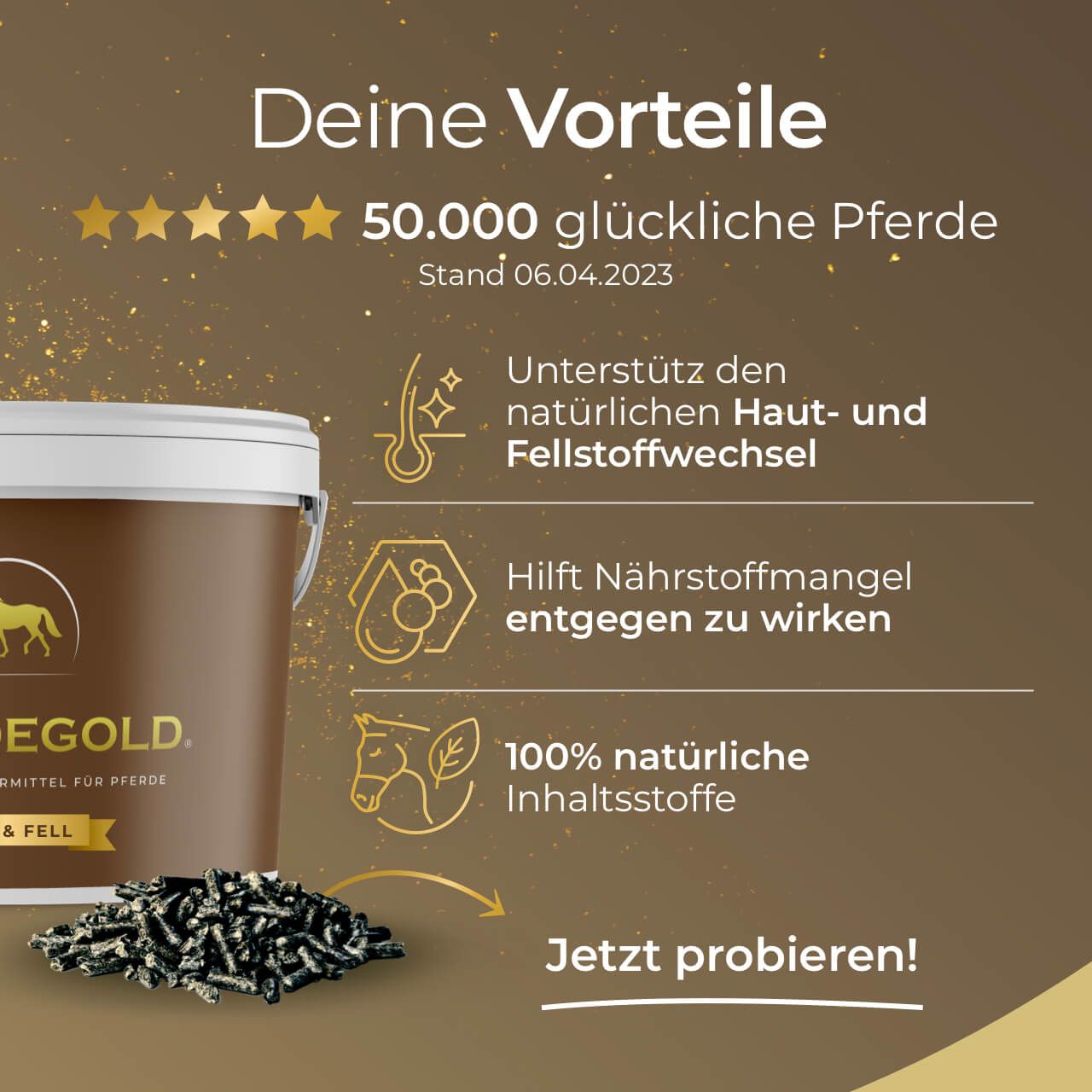 Pferdegold Eimer neben Grafiken, die Vorteile wie Fellwechsel, Nährstoffmangel und natürliche Inhaltsstoffe hervorheben.