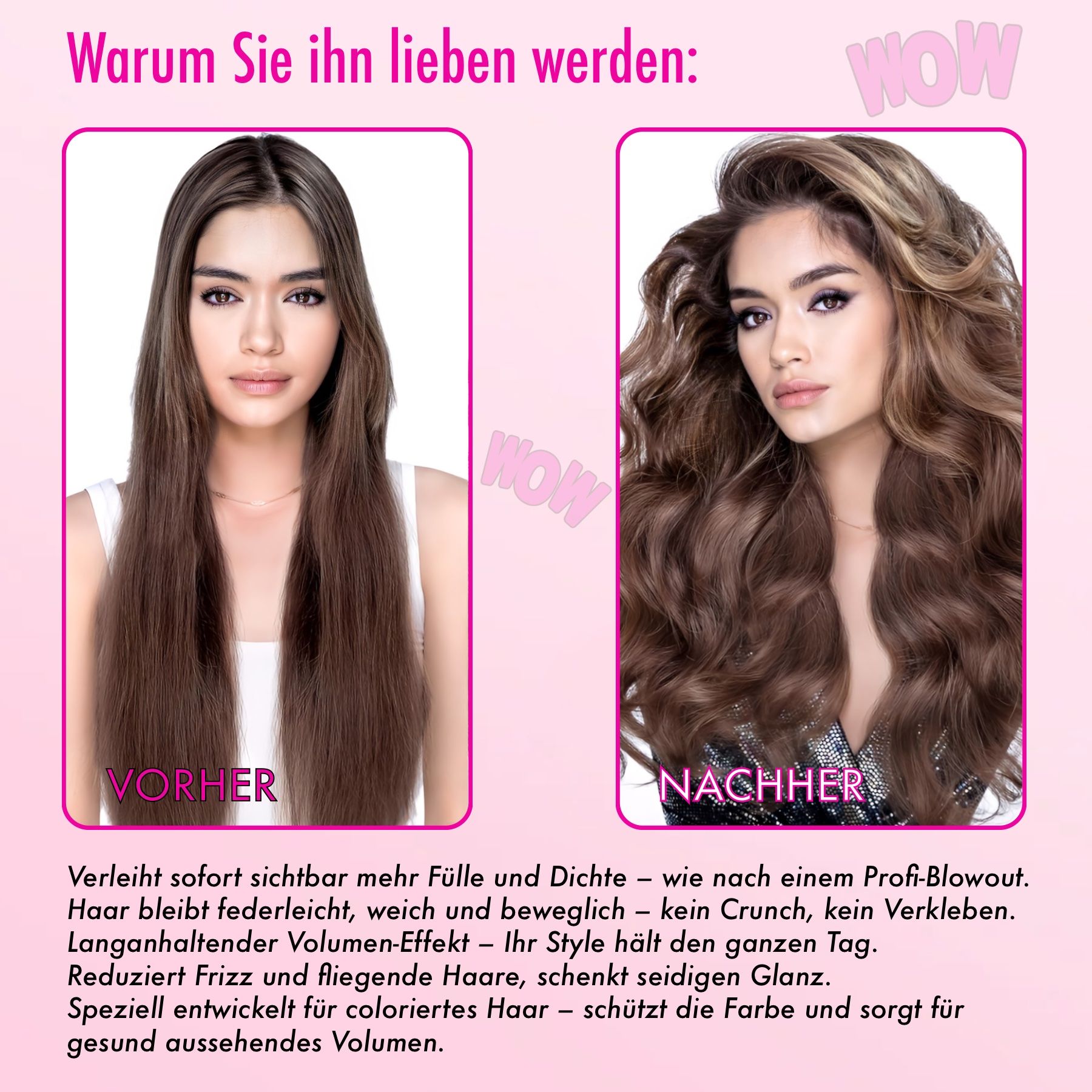 Vorher-Nachher-Vergleich. Frau mit braunen Haaren. Text: Warum Sie ihn lieben werden.