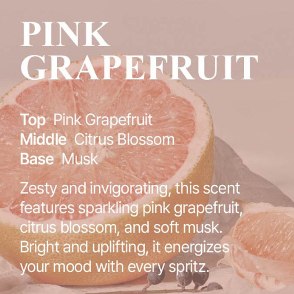 Eine rosa Grapefruit, aufgeschnitten, mit Text über Duftnoten.