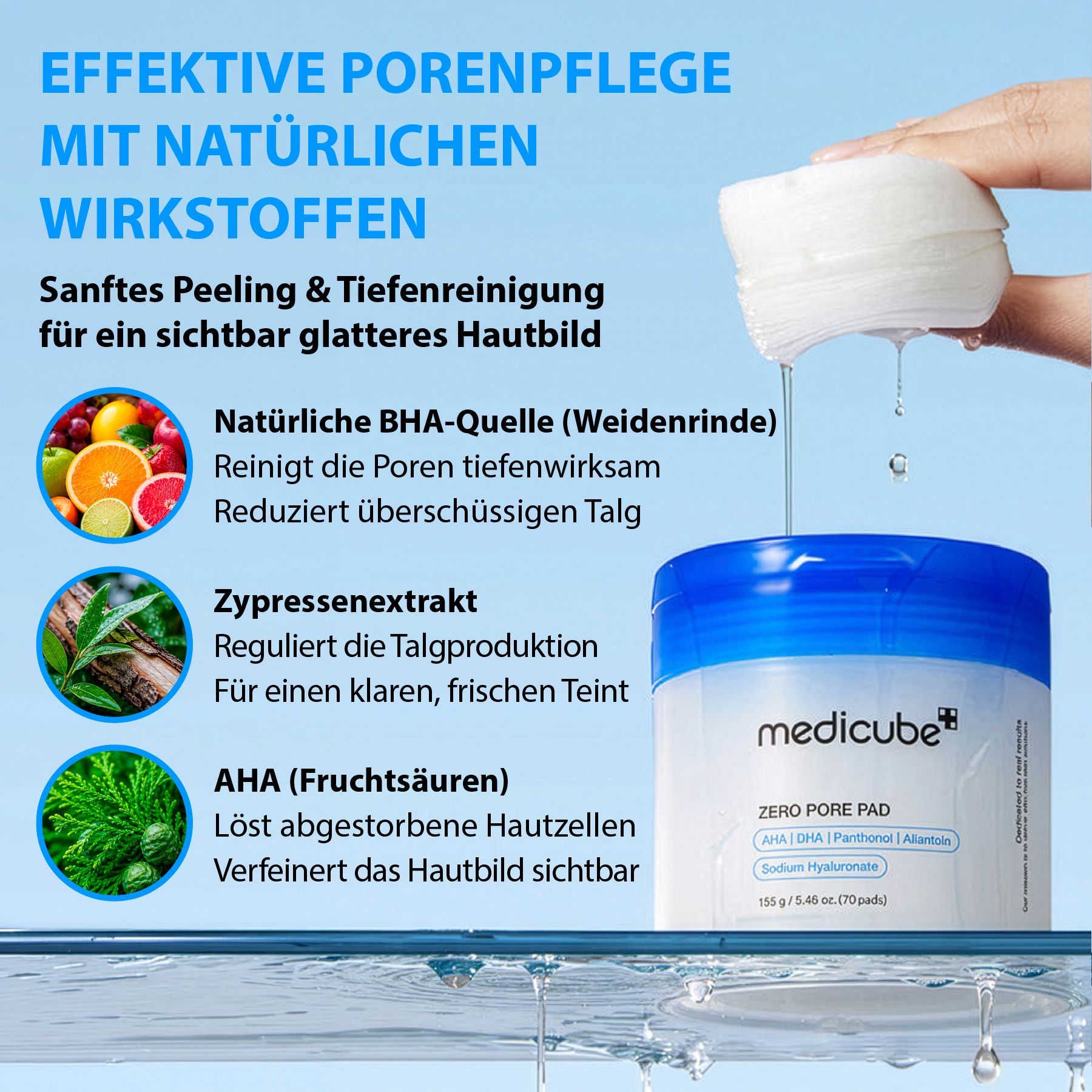 Medicube Zero Pore Pad mit AHA, BHA, Panthenol, Allantoin.