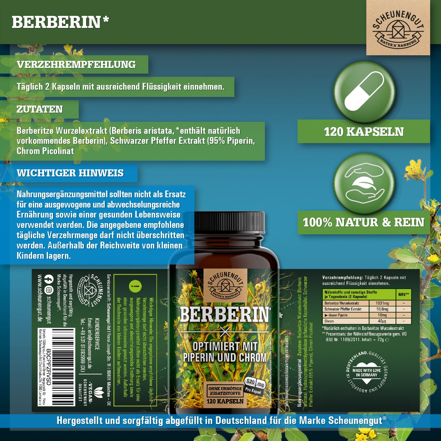 Scheunengut® Berberin | Berberis aristata Extrakt 20:1 optimiert mit Piperin & Chrom