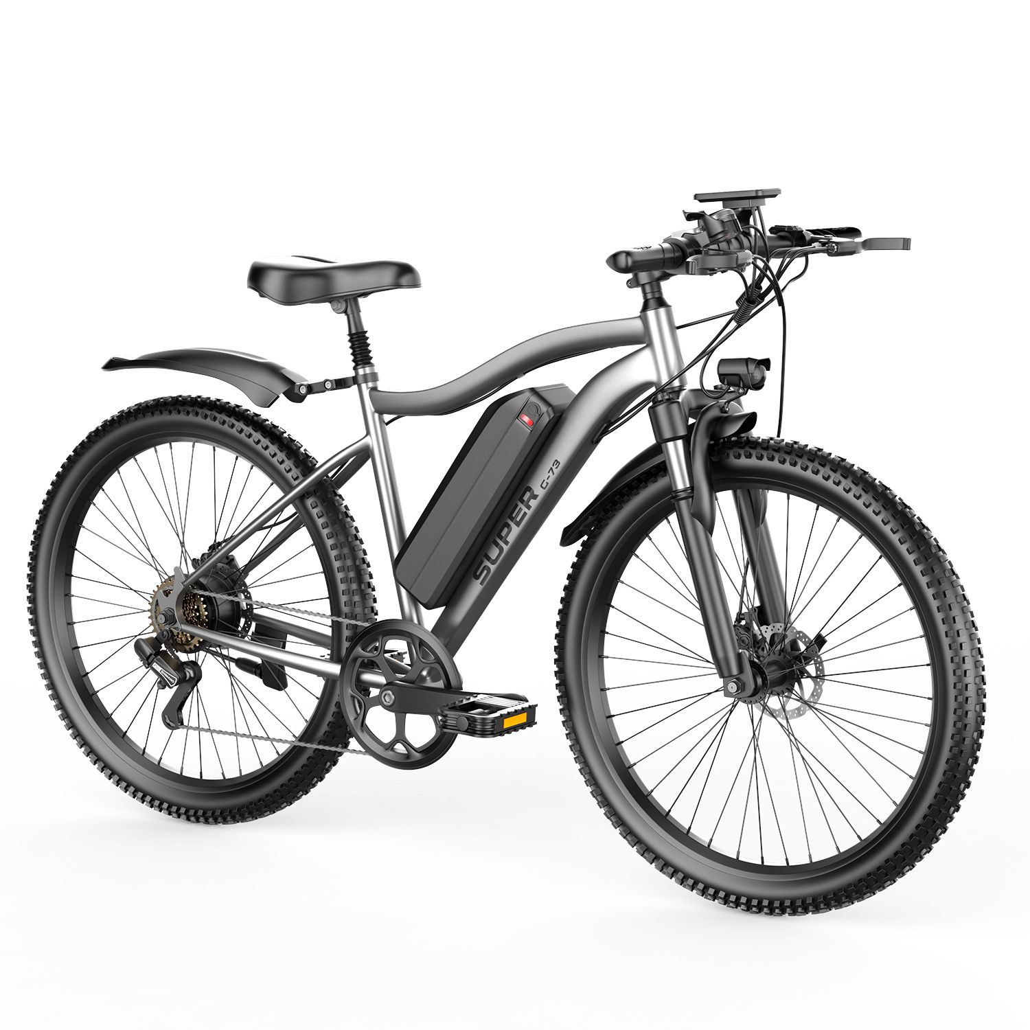 Graues E-Bike mit schwarzen Reifen und Schutzblechen. Akku am Rahmen. "SUPER G73" Schriftzug.