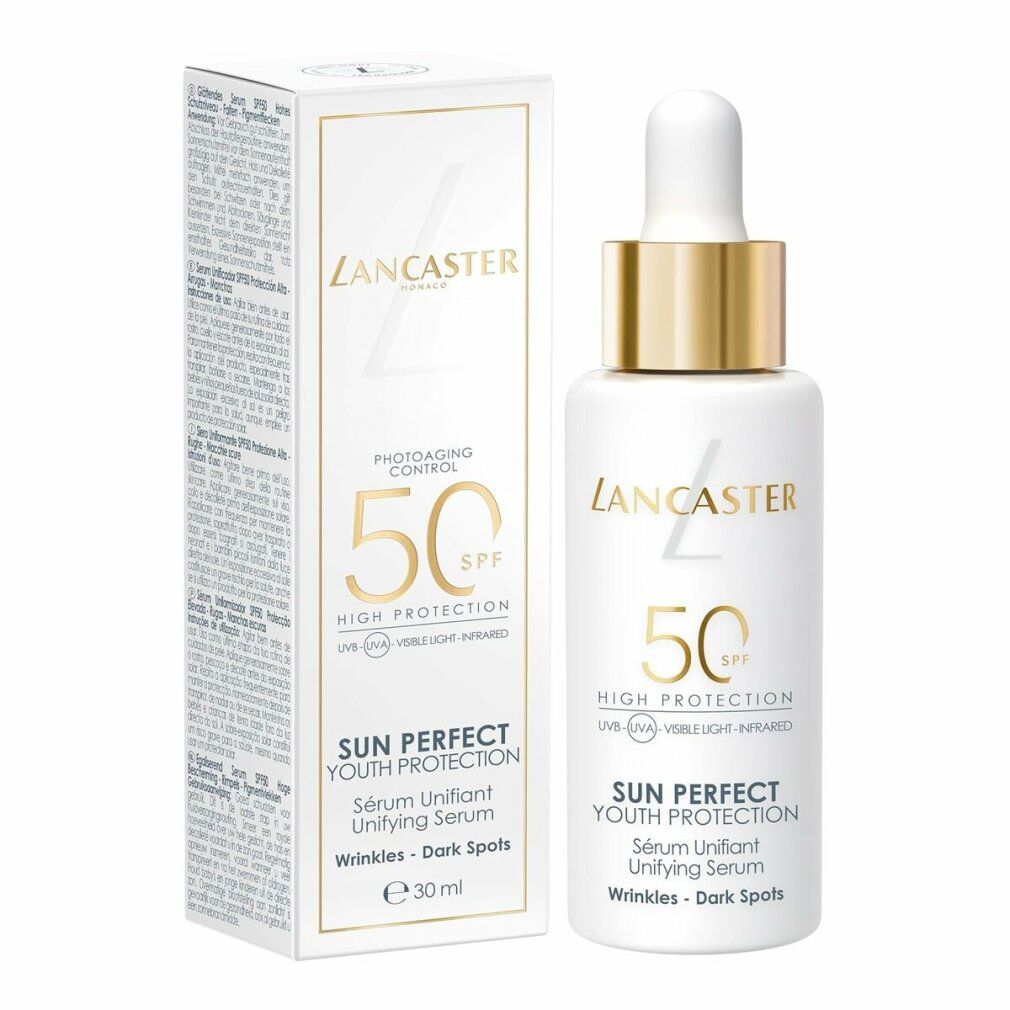 Produktflasche und Verpackung. Aufschrift: Lancaster, 50 SPF, Sun Perfect Youth Protection. Gegen Falten und dunkle Flecken. 30 ml.