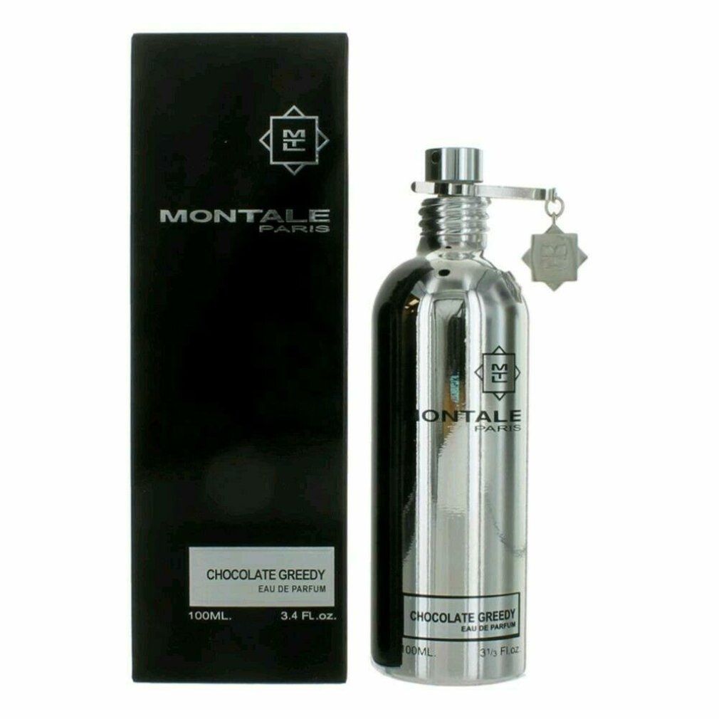 Montale Chocolate Greedy Eau de Parfum Spray neben schwarzer Verpackung.
