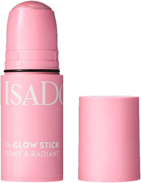 Rosa Glow Stick von IsaDora, geöffnet. Zylindrische Form mit Deckel. Aufschrift: The Glow Stick, Dewy & Radiant.