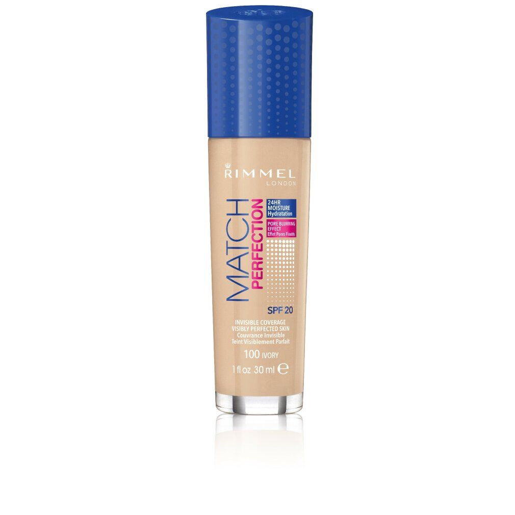 Foundation-Flakon mit blauem Deckel. Aufschrift: Rimmel London, Match Perfection, SPF 20, 100 Ivory. 30 ml.