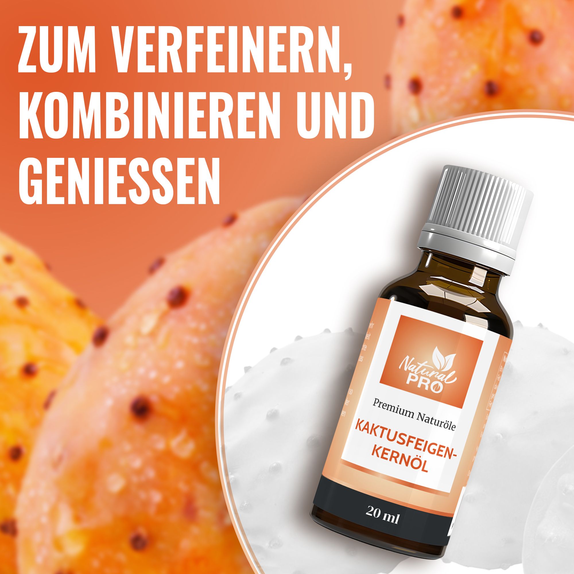 Braune Flasche Natural Pro Kaktusfeigenkernöl, 20 ml, vor orangefarbenem Hintergrund mit Kaktusfeigen.