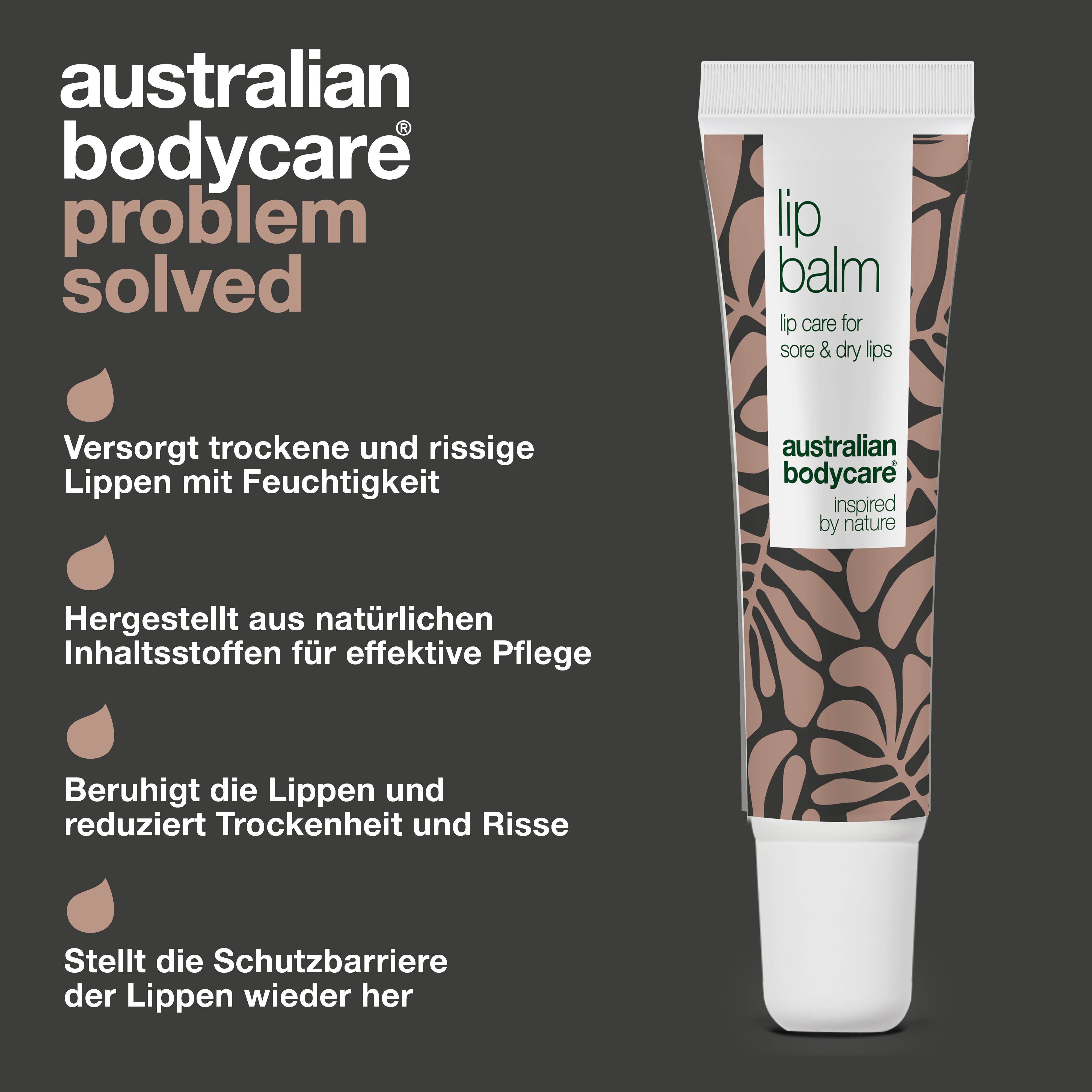 Lippenpflege-Tube und Lippen. Text: Lip Balm, Australian Bodycare. Problem: trockene, rissige, spröde, raue Lippen.