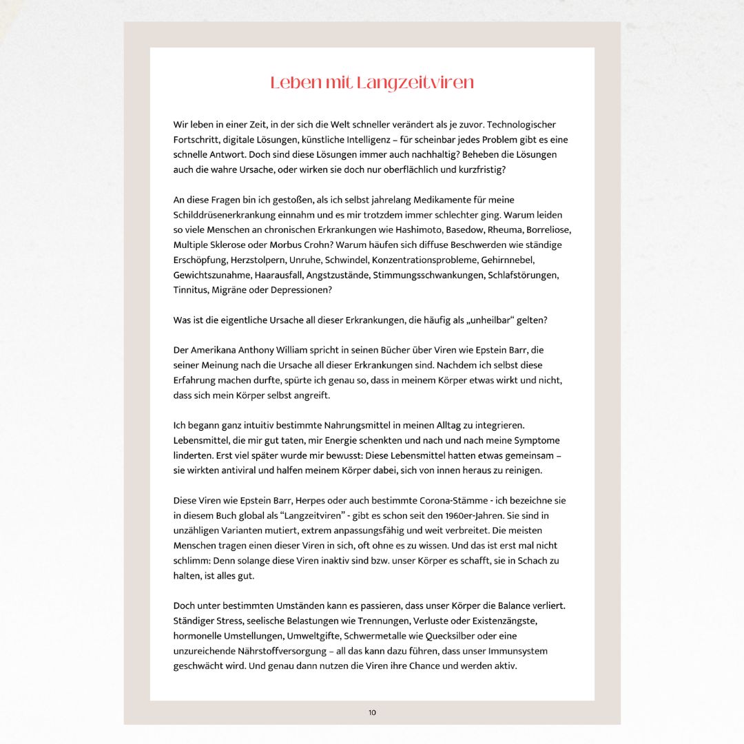 Buchseite mit Text "Leben mit Langzeitviren". Text in schwarzer Schrift auf cremefarbenem Hintergrund.