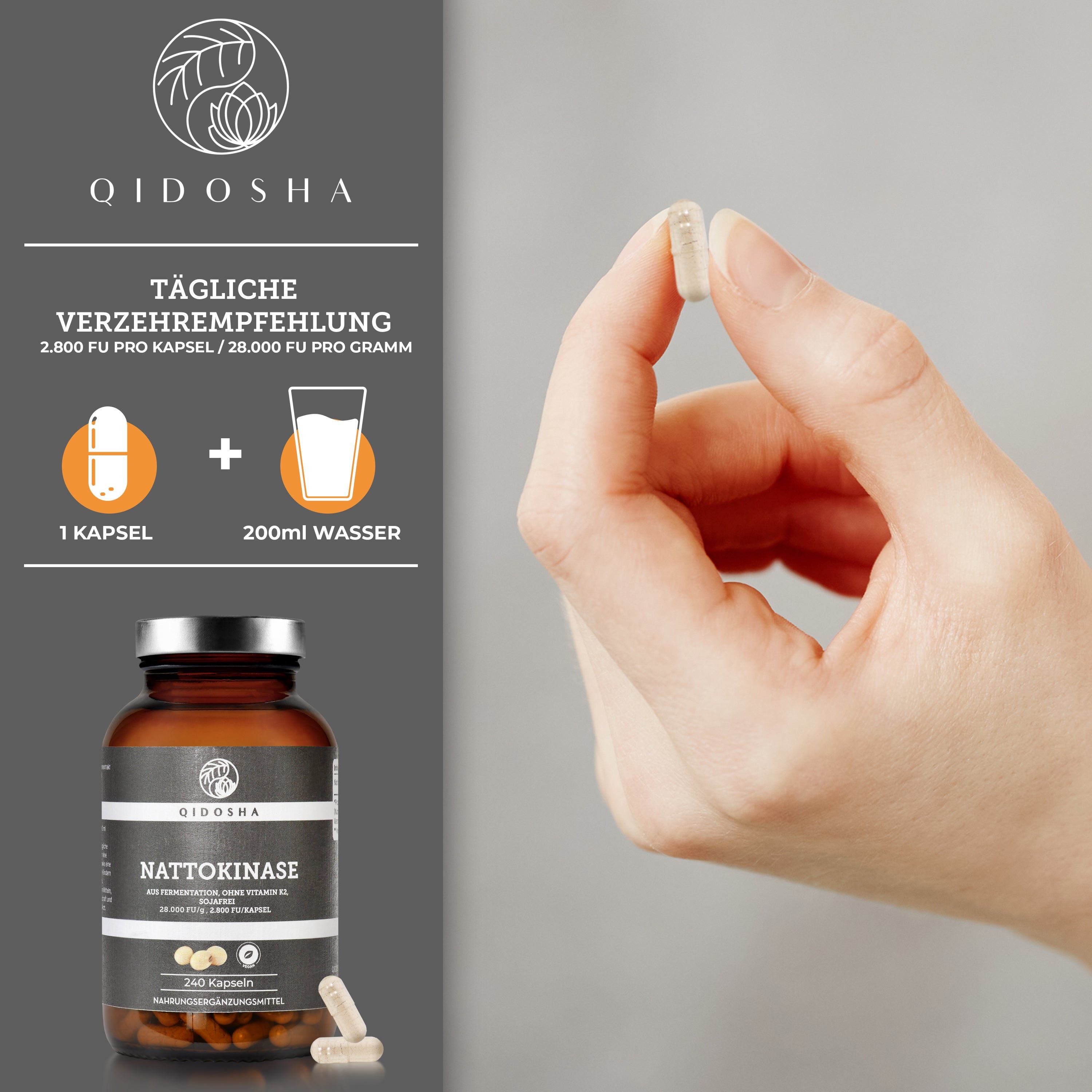 Hand hält eine Kapsel. Daneben Flasche mit Kapseln. Aufschrift: QIDOSHA Nattokinase. 240 Kapseln.