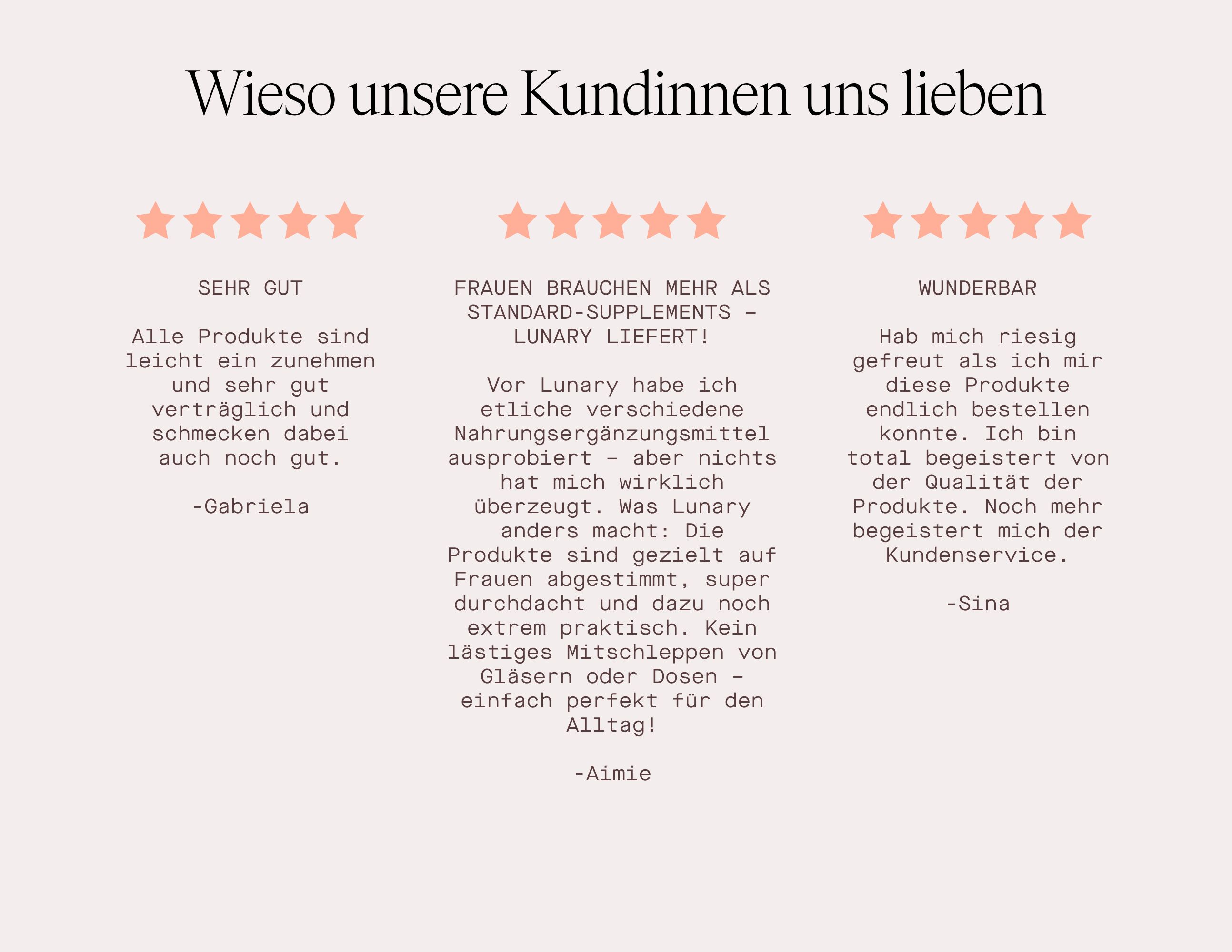 Text: Wieso unsere Kundinnen uns lieben. Zitate von Kundinnen. Sehr gut, wunderbar, Frauen brauchen mehr als Standard-Supplements.