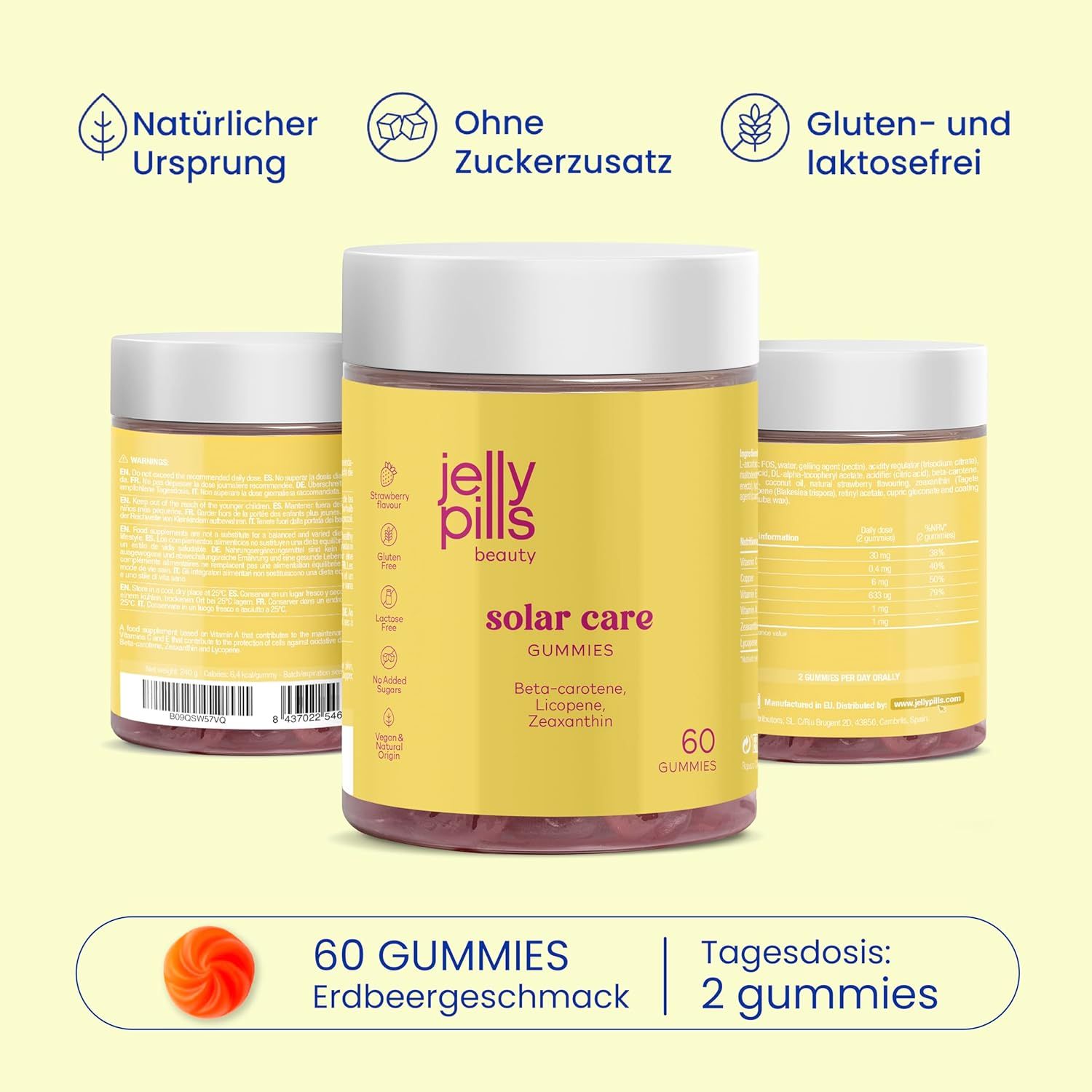 Drei Dosen "Jelly Pills Solar Care Gummies". 60 Gummies. Eine Gummibärchen.