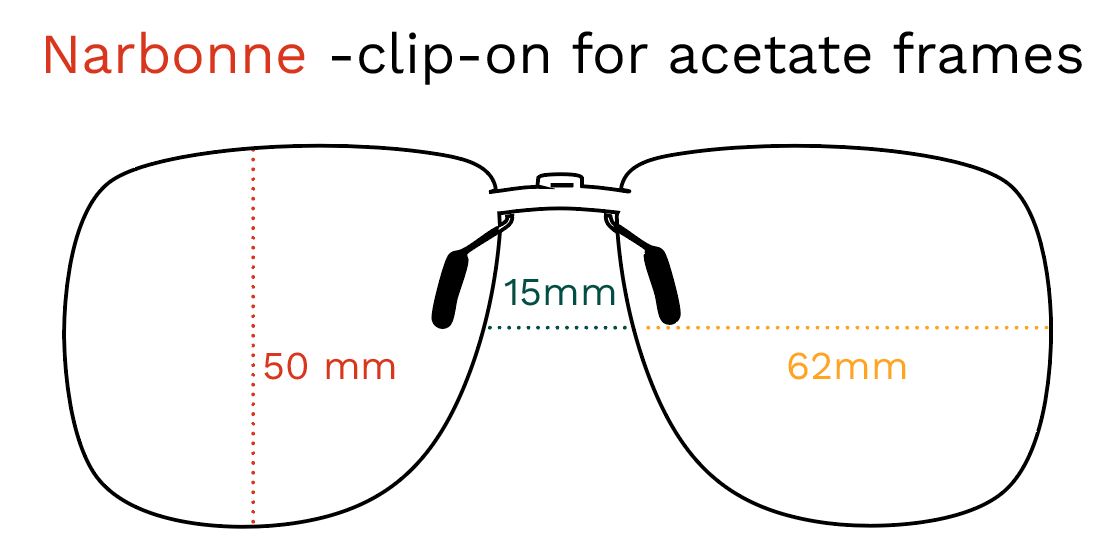 Skizze des Clip-on-Modells Narbonne. Maße: 50mm, 62mm, 15mm. Für Acetatfassungen.