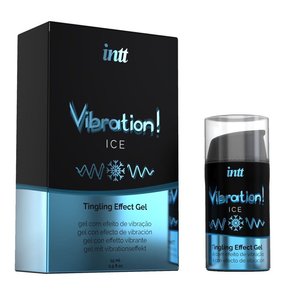 INTT Vibration! Ice Tingling Effect Gel Karton und Flasche nebeneinander, weißer Hintergrund.