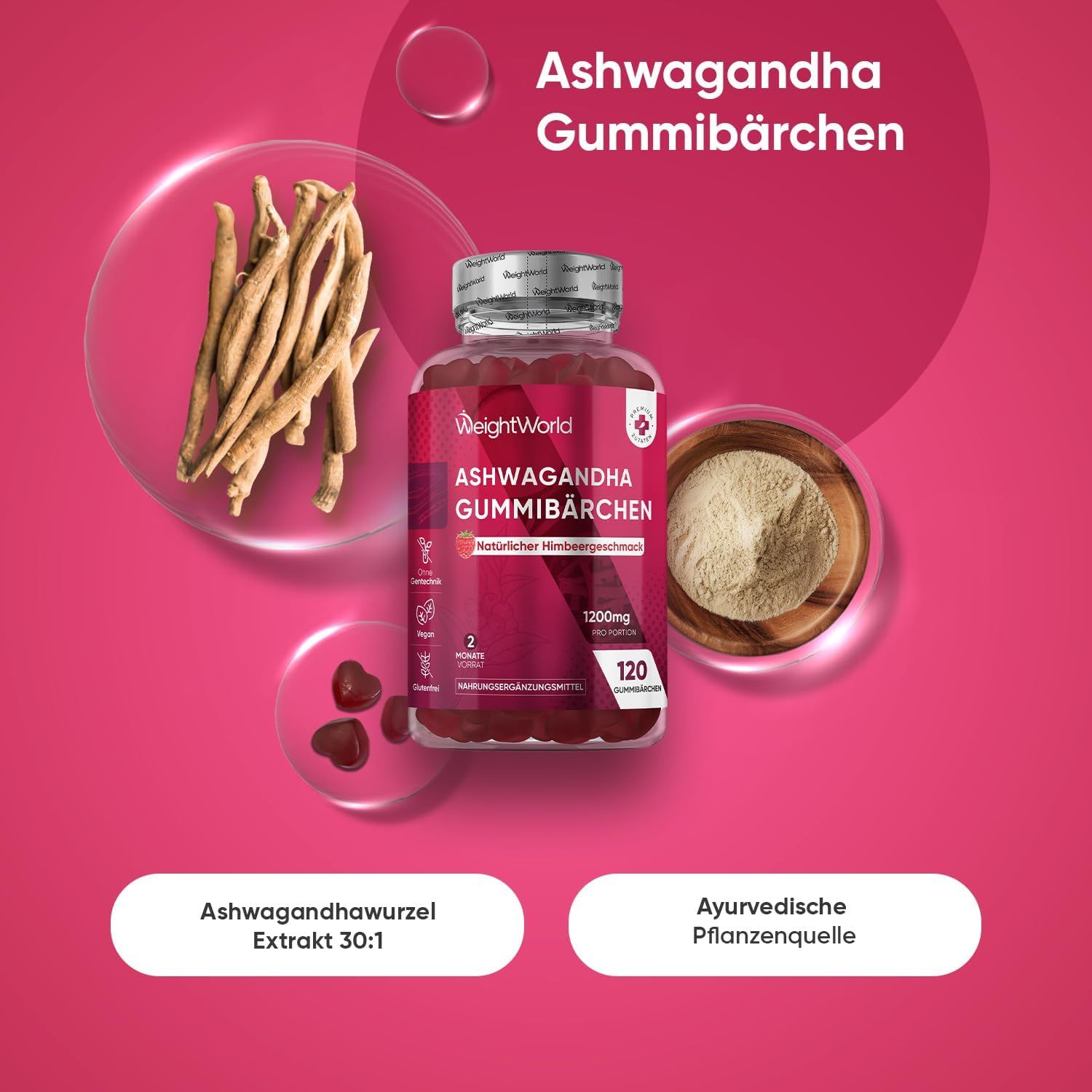 Produktflasche mit Ashwagandha Gummibärchen, daneben Ashwagandhawurzel, Pulver und herzförmige Gummibärchen.