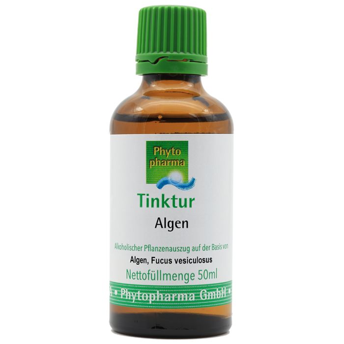 Braune Glasflasche mit grünem Deckel. Etikett mit Produktname und Herstellerlogo. Aufschrift: Tinktur Algen.