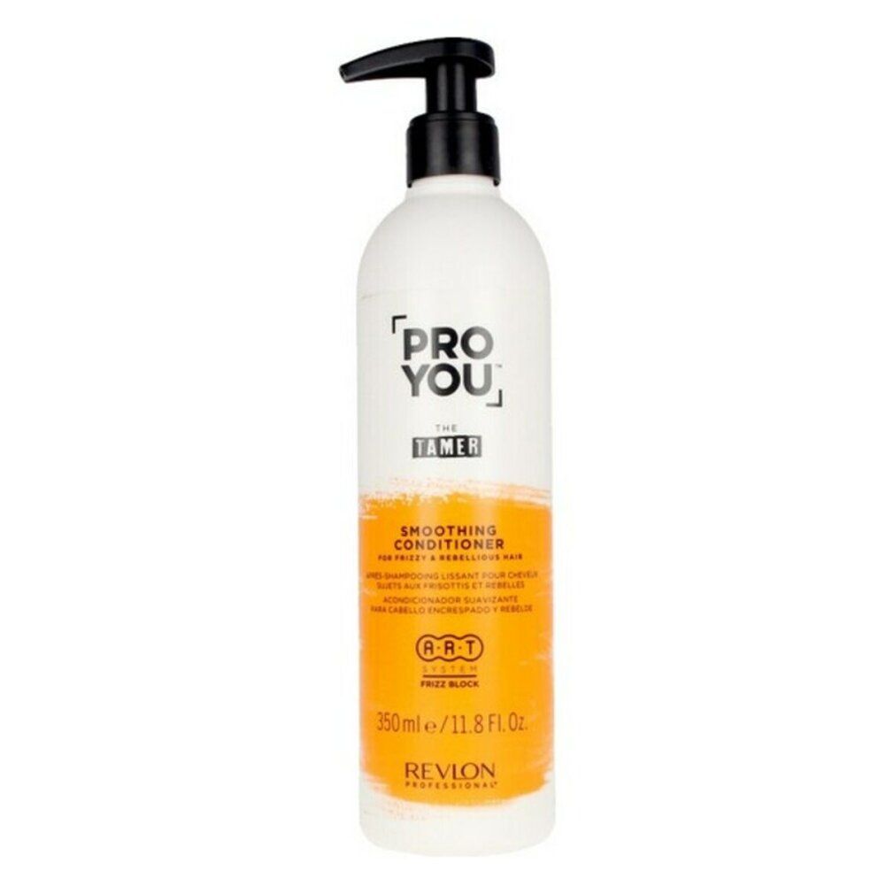 Weiße Flasche mit schwarzem Pumpkopf. Aufschrift: PRO YOU THE TAMER. Orangefarbener Streifen mit Text. Revlon Professional.