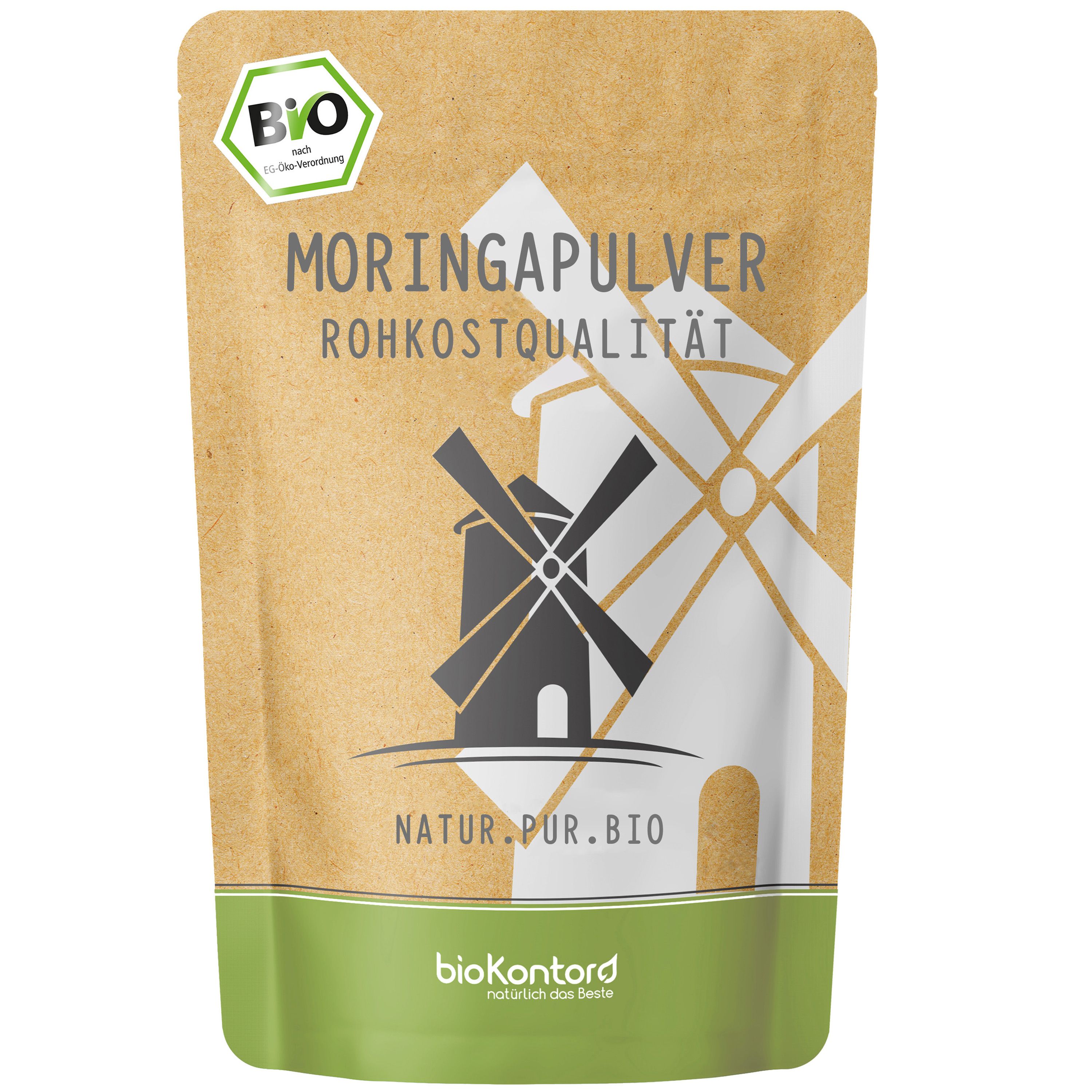 Bio-Moringapulver in brauner Standbodenbeutel-Verpackung mit Windmühlen-Design und Bio-Siegel.