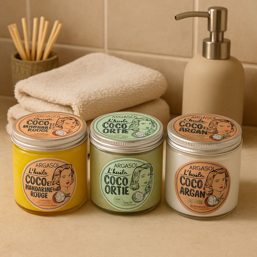 Drei Gläser mit Deckel. Aufschrift: Argasol, Coco. Etiketten mit Illustrationen. Gelbe, grüne und weiße Cremes. Neben Handtuch und Seifenspender.