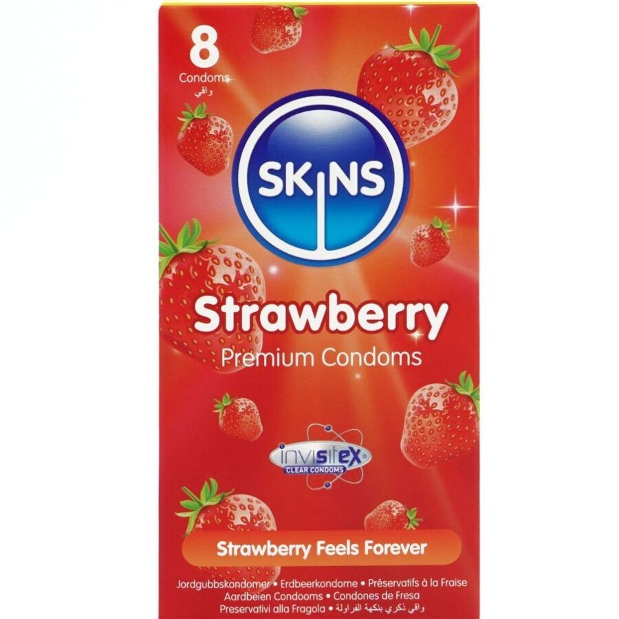 Verpackung mit 8 Kondomen. Marke SKINS, Sorte Strawberry. Rote Verpackung mit Erdbeeren. Text: Strawberry Feels Forever.
