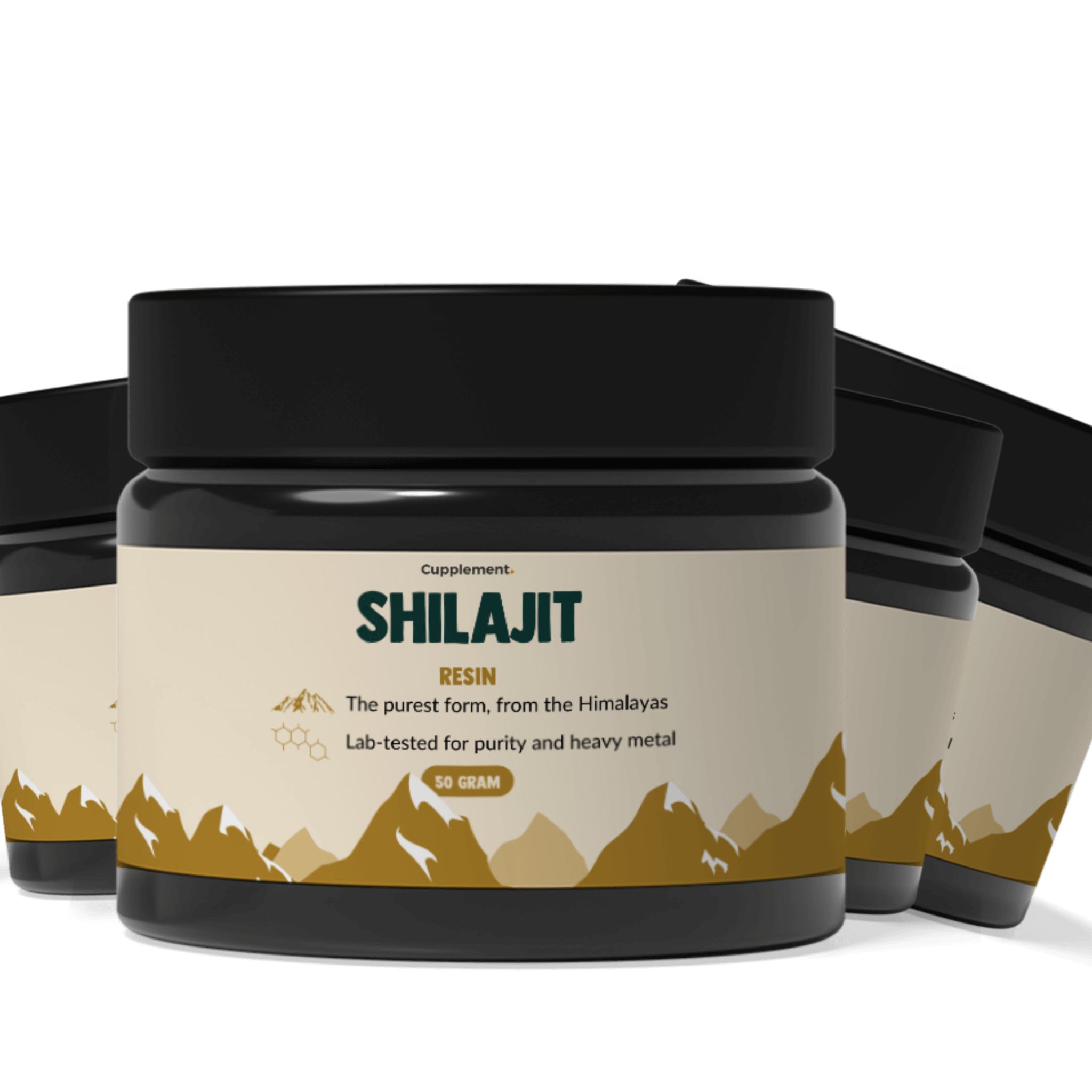 Schwarzes Glas mit Shilajit-Harz. Etikett mit Produktnamen, Inhaltsangaben und Logo. Berge im Hintergrund.