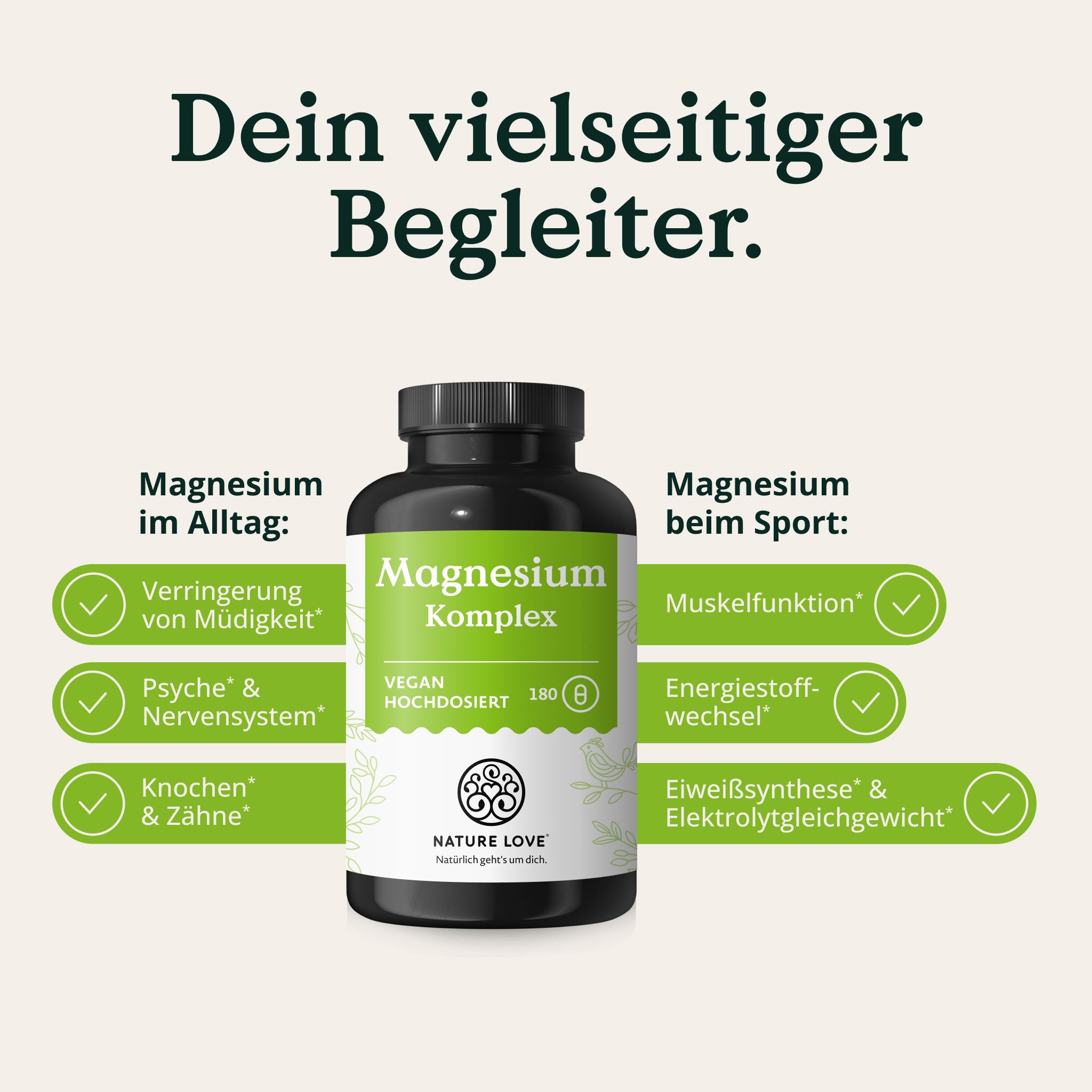 NATURE LOVE Magnesium Komplex Flasche. Text: Dein vielseitiger Begleiter. Magnesium im Alltag & beim Sport.