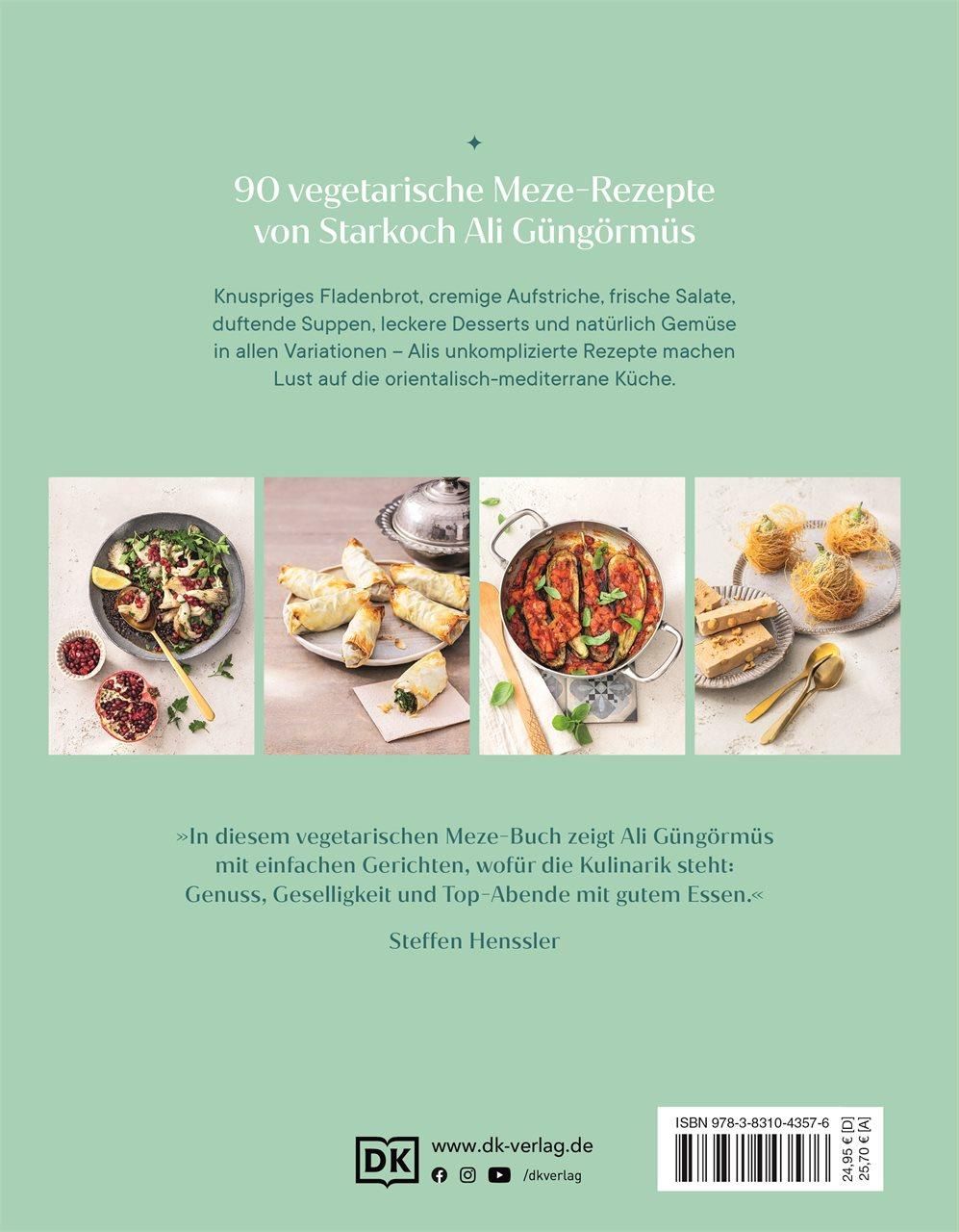 Buchrückseite: "Meze Vegetarisch". Text über vegetarische Rezepte. Fotos von Gerichten. DK-Logo.