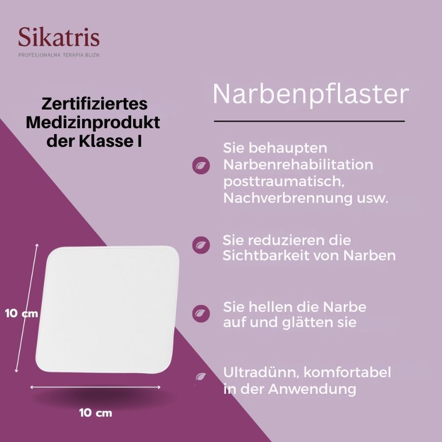 Quadratisches Narbenpflaster, 10x10 cm. Zertifiziertes Medizinprodukt der Klasse I.