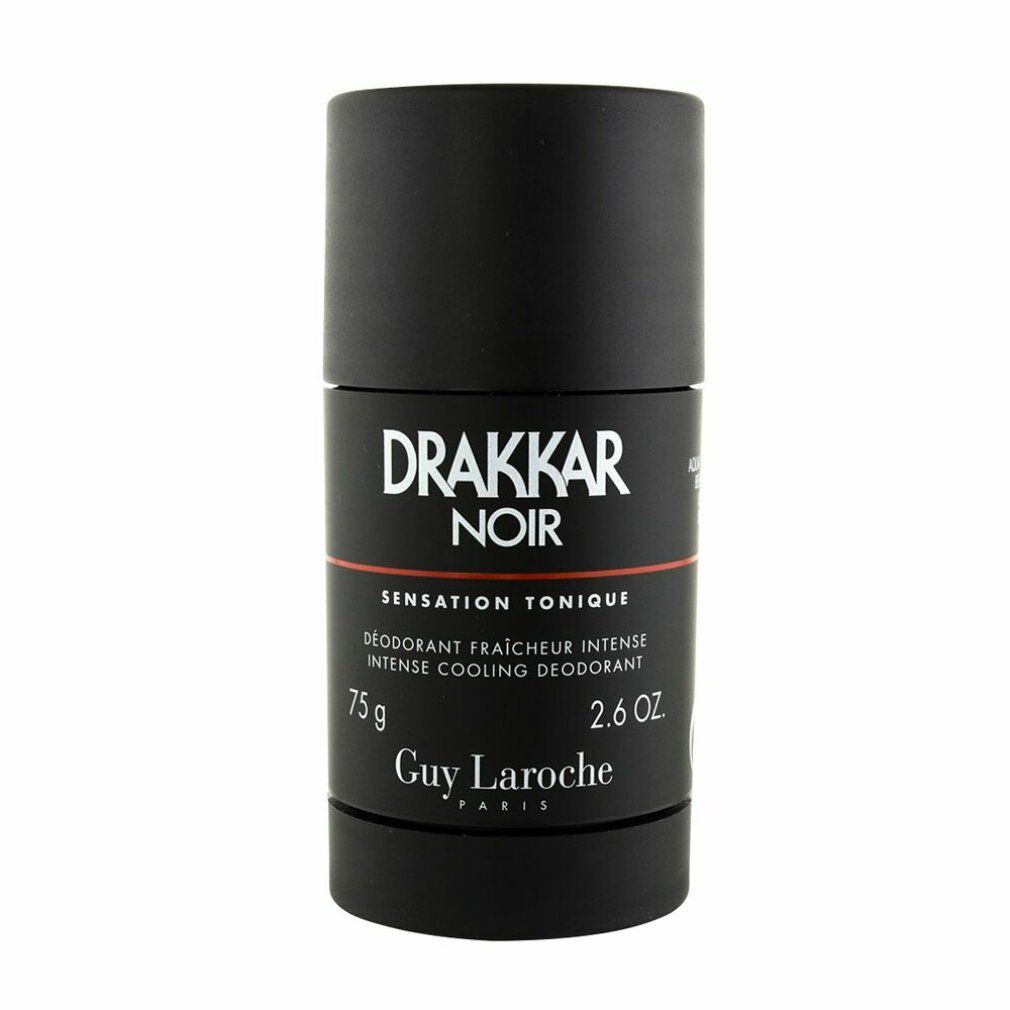 Schwarzer Deostift. Aufschrift: Drakkar Noir, Sensation Tonique, 75g, 2.6 OZ, Guy Laroche Paris. Zylindrische Form.
