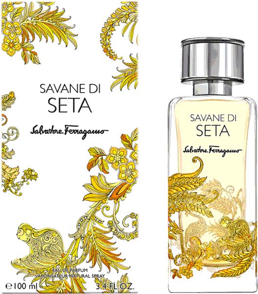 Parfümflasche und Verpackung. Aufschrift: Savane Di Seta. Goldfarbenes Muster. 100 ml.