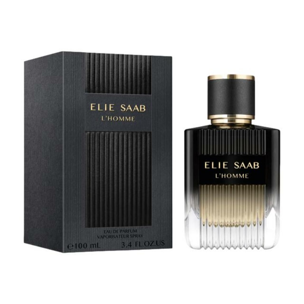 Schwarzer Flakon und Schachtel. Aufschrift: ELIE SAAB L'HOMME. Flakon mit goldfarbenen Akzenten. 100 ml.