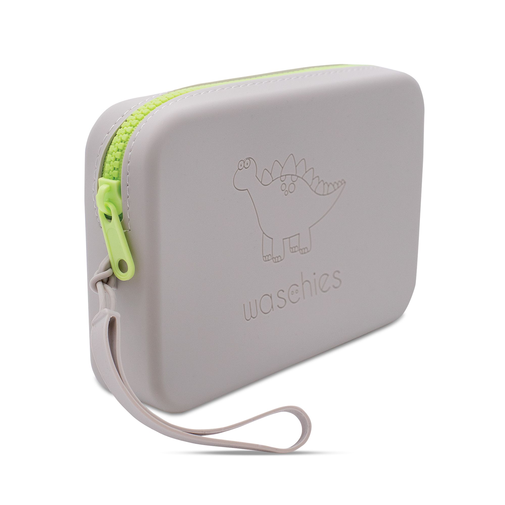 Graue Waschies-Tasche mit Dino-Motiv und grünem Reißverschluss. Mit Trageschlaufe. Aufschrift: waschies.