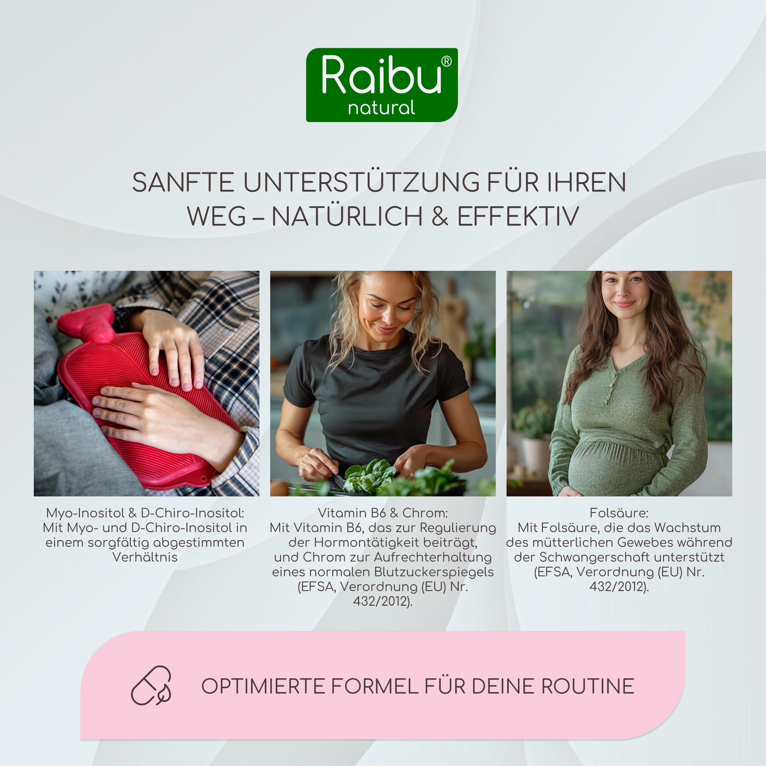 Drei Fotos: Frau mit Wärmflasche, Frau mit Salat, schwangere Frau. Text: Myo-Inositol, Vitamin B6, Folsäure.