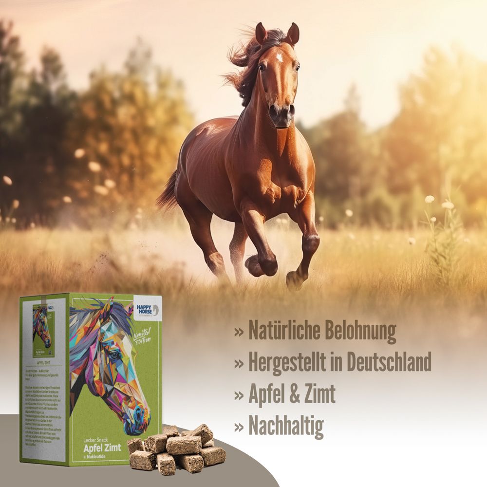 Ein galoppierendes Pferd vor sonnigem Hintergrund. Daneben grüne Verpackung mit Produktbezeichnung und braune Leckerlis.