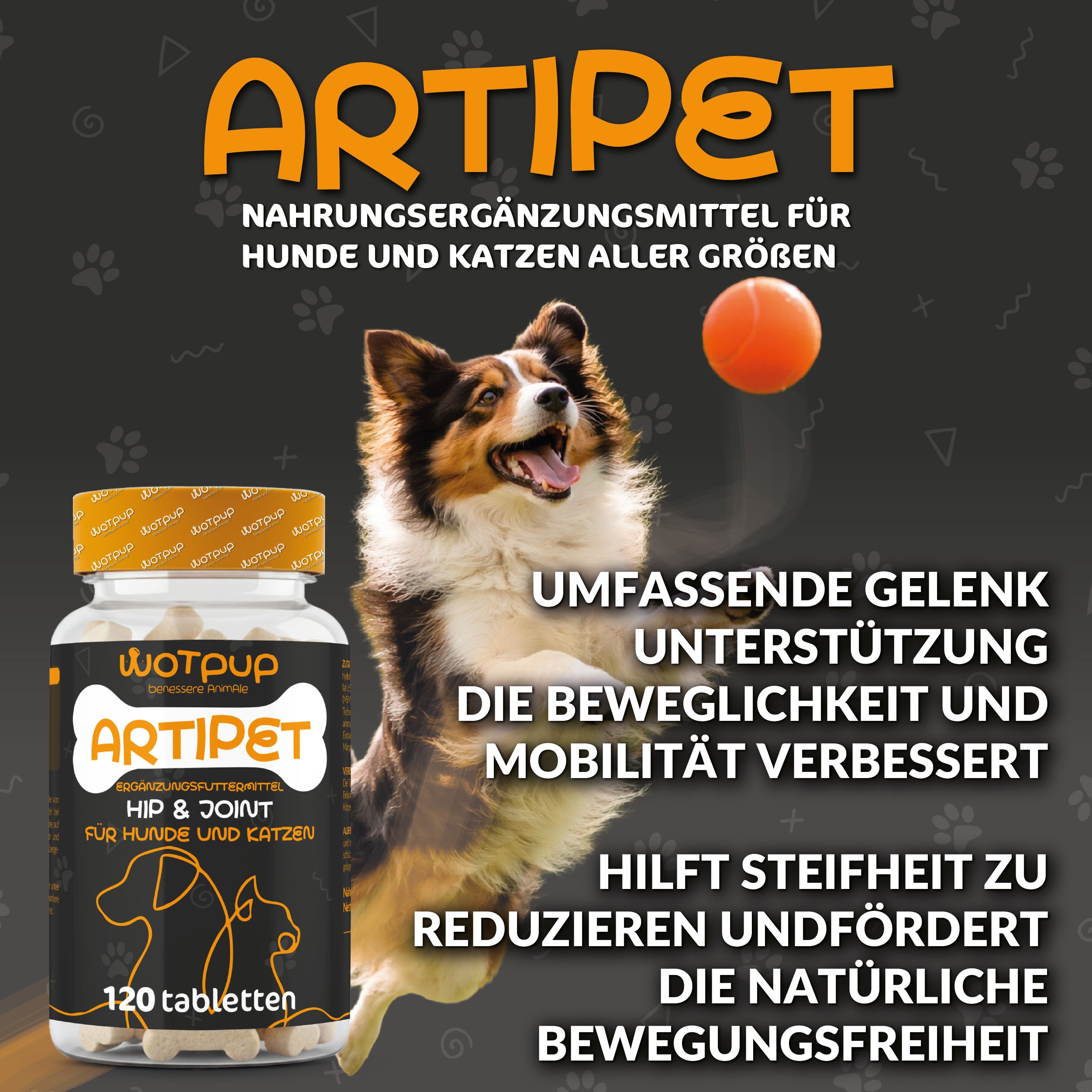 Produktflasche mit Hund. Text: Artipet, Nahrungsergänzungsmittel für Hunde und Katzen. Fördert Beweglichkeit.