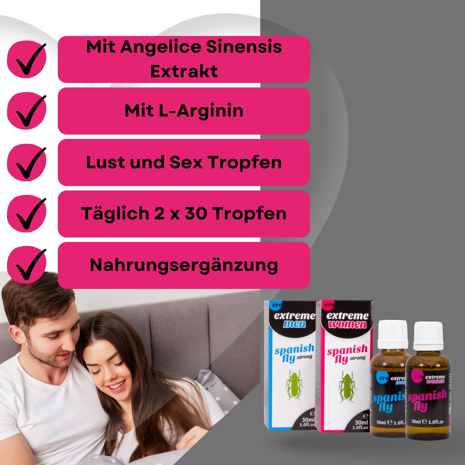 Zwei Flaschen mit "Spanish Fly". Auf den Flaschen steht "extreme men" und "extreme women". Im Hintergrund ein Paar.