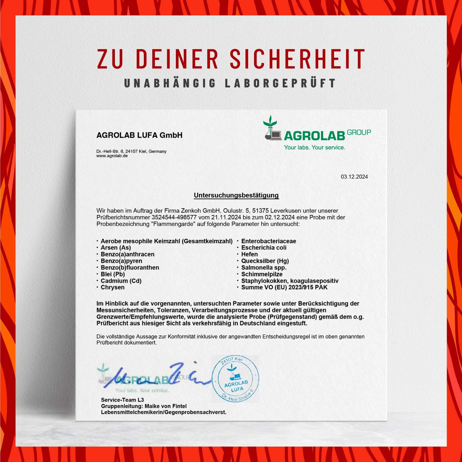 Zertifikat der Agrolab LUFA GmbH. Text: Zu deiner Sicherheit. Unabhängig laborgeprüft. Unterschriftszeile.