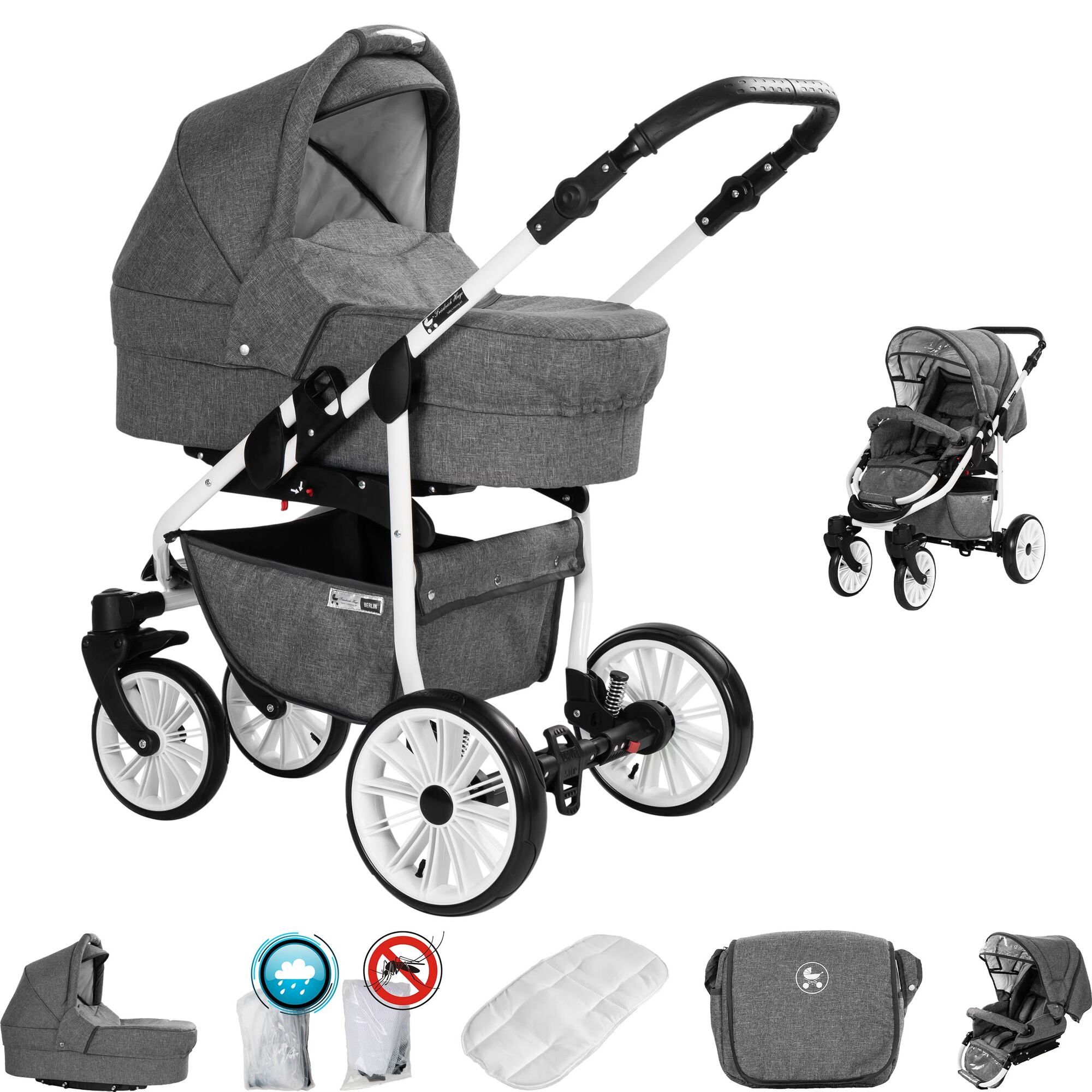 Friedrich Hugo Berlin 2 in 1 Kinderwagen Luftreifen, Grey and Grey Day