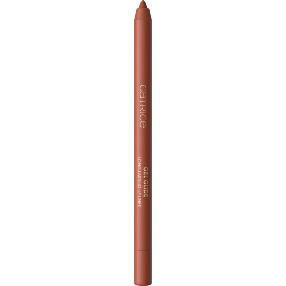 Catrice Gel Glide Lippenkonturenstift. Brauner Stift mit Produktbezeichnung. Aufschrift: Gel Glide, Long Lasting Lip Liner.