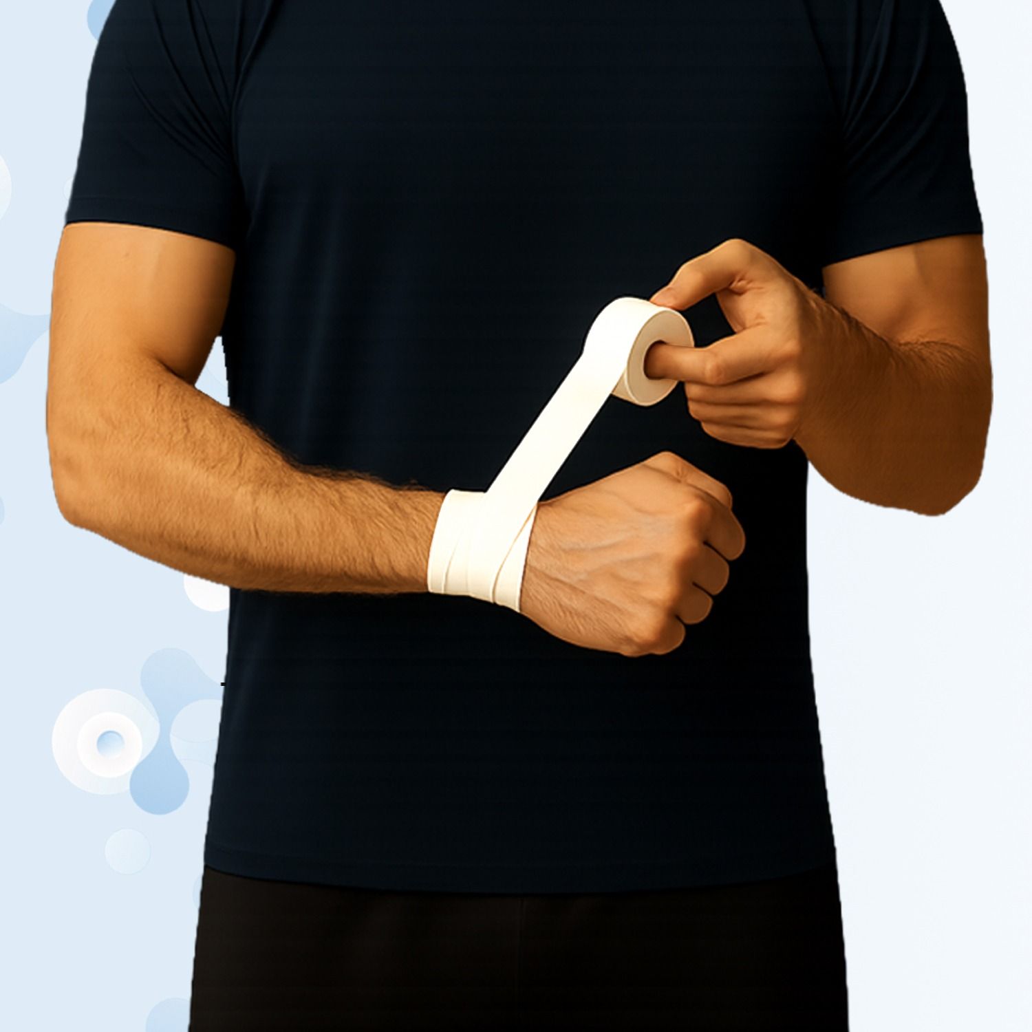 Weißes Sporttape wird am Handgelenk angebracht. Person trägt schwarzes Shirt. Tape wird abgerollt und um das Handgelenk gewickelt.