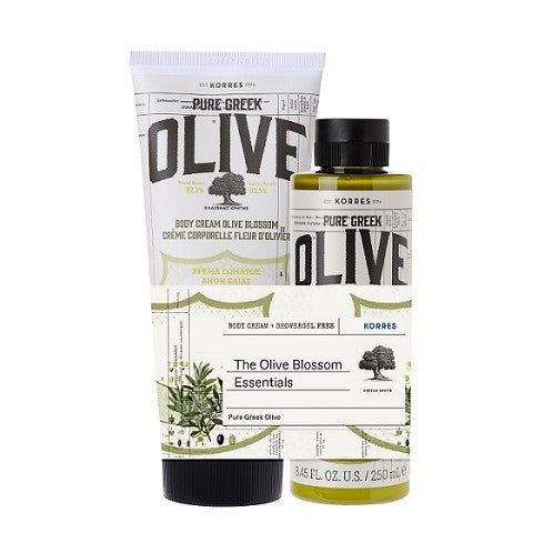 Körperpflege-Set mit Tube und Flasche. Tube mit Schriftzug 'OLIVE'. Flasche mit schwarzem Deckel und Schriftzug 'OLIVE'.