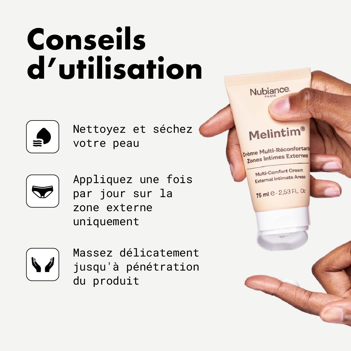 Produkt-Tube in Hand. Text: Reinigen, auftragen, einmassieren. Produktname: Melintim.