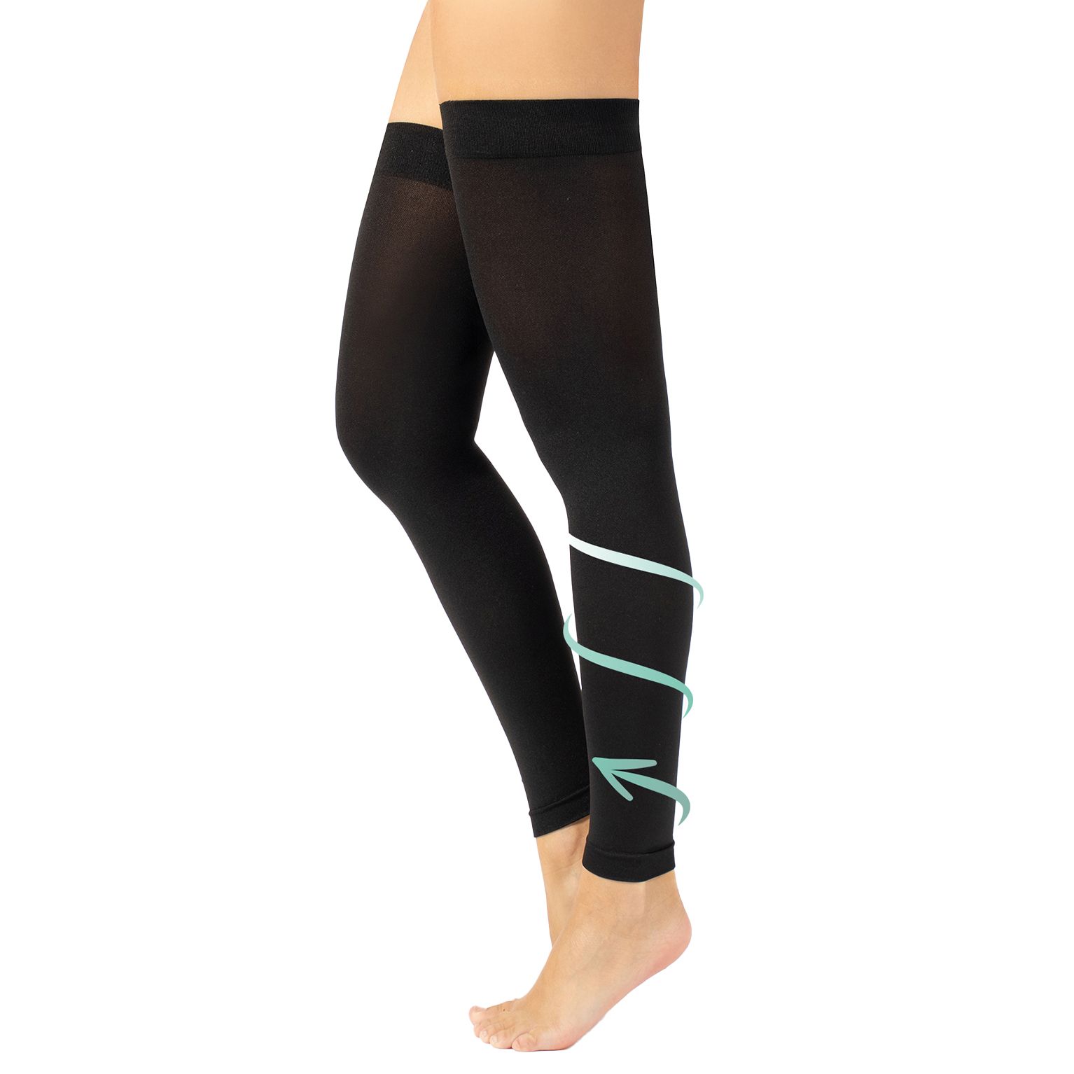 Schwarze Beinlinge mit Kompressionspfeilen. Beinlinge für Sport.